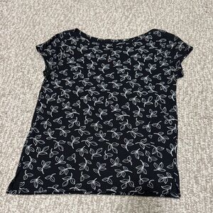 LOFT Black and White Boatneck Leaf Print Short Sleeve Top